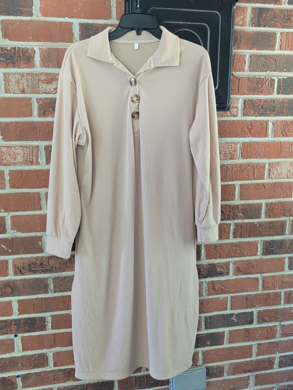 Unbranded Beige Collared Button-Front Rubbed Midi Dress Size L